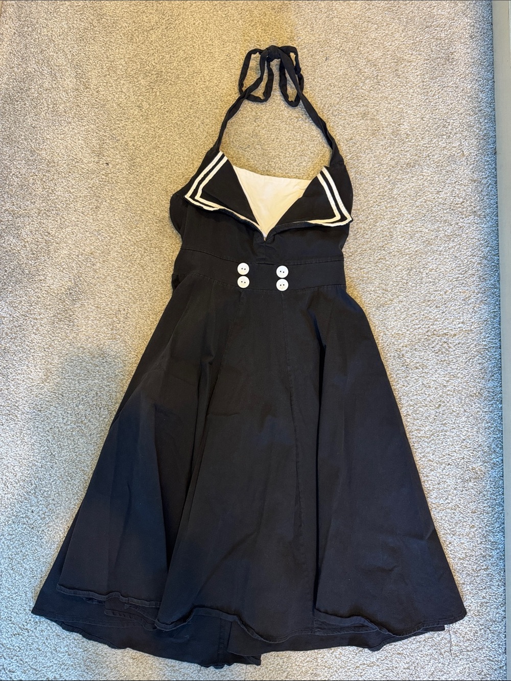 Black Halter Sailor-Style Midi Dress with White Trim